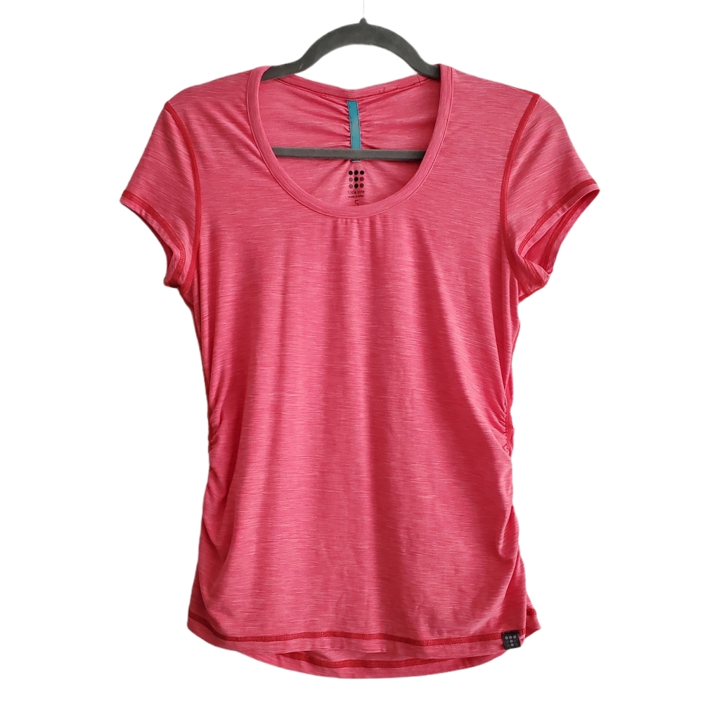 Title Nine Solid Pink Ruched Short Sleeve Shirt